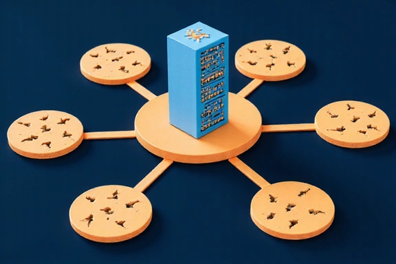 Icona che rappresenta diversi cookie che si connettono a un server centrale, simboleggiando i cookie di terze parti.