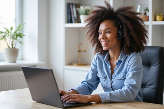 Una persona sorridente che si prepara per una videochiamata di consulenza online, con un laptop e cuffie.