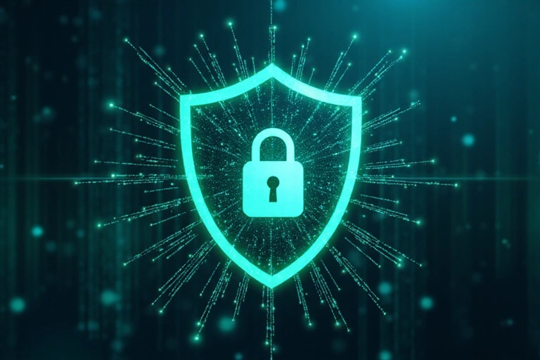 Scudo di sicurezza digitale con lucchetto e simboli di crittografia