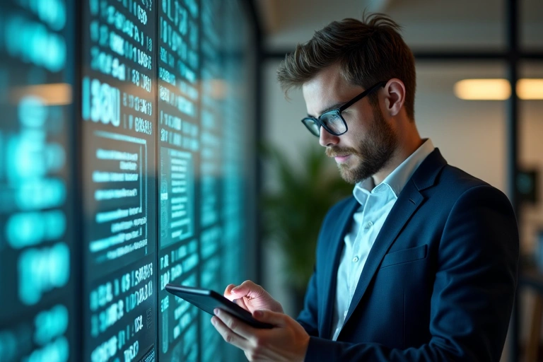 Uomo che legge un documento sulla privacy su un tablet